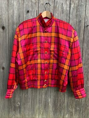 Silk Carlisle Hot Pink and Orange Plaid Bomber Jacket 14